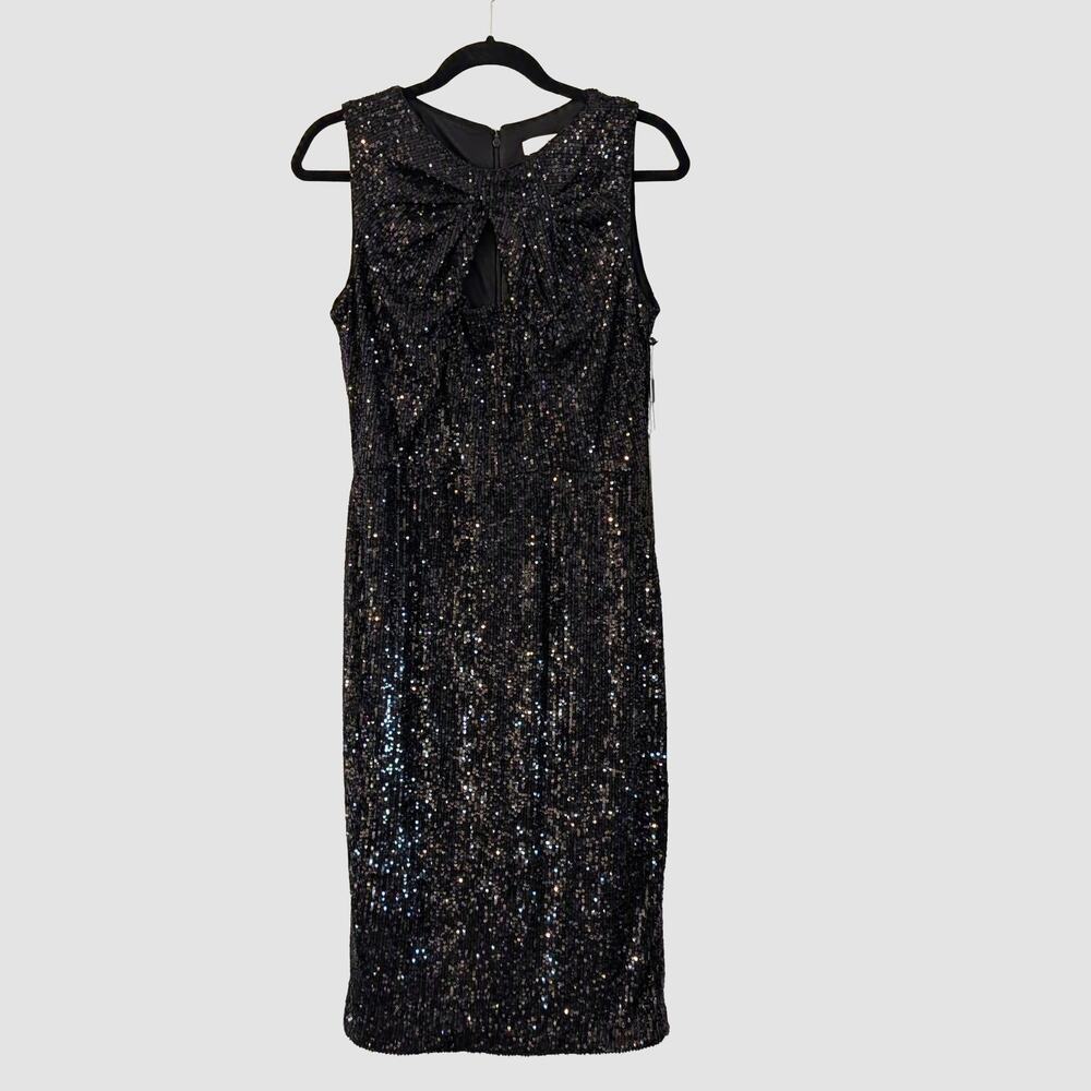 NWT Calvin Klein Black Sequin Cocktail Dress 10 Bow Neck Sleeveless Holiday Glam